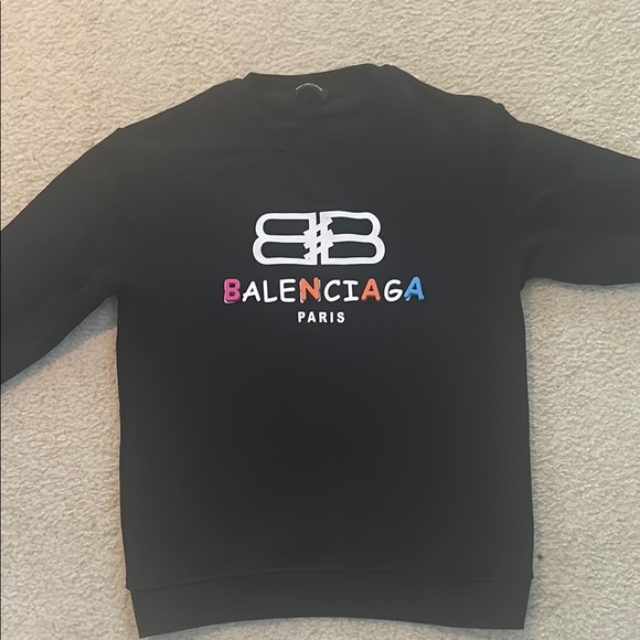 Balenciaga Men's Black Crewneck Sweater with Multicolor Logo